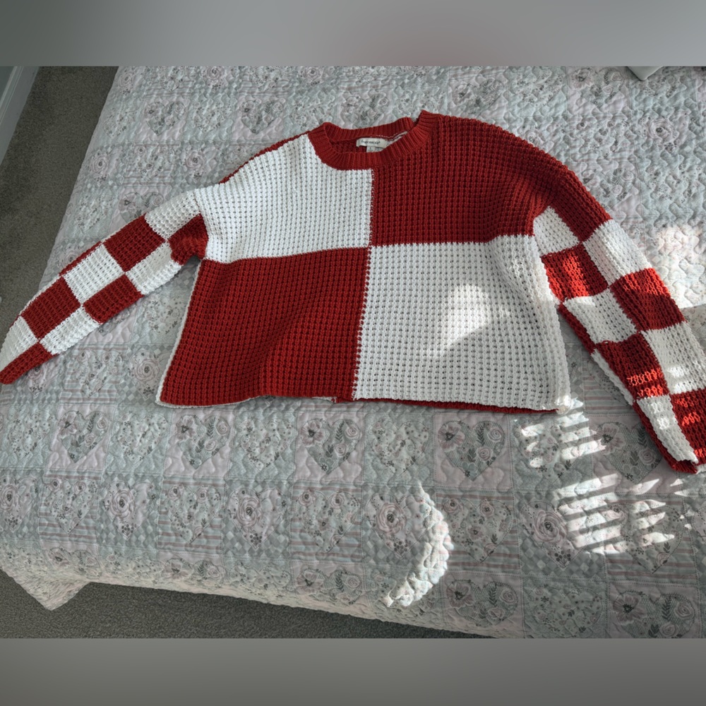 Francesca's Collection Terracotta & White Checkered Chenille Sweater (Size L)